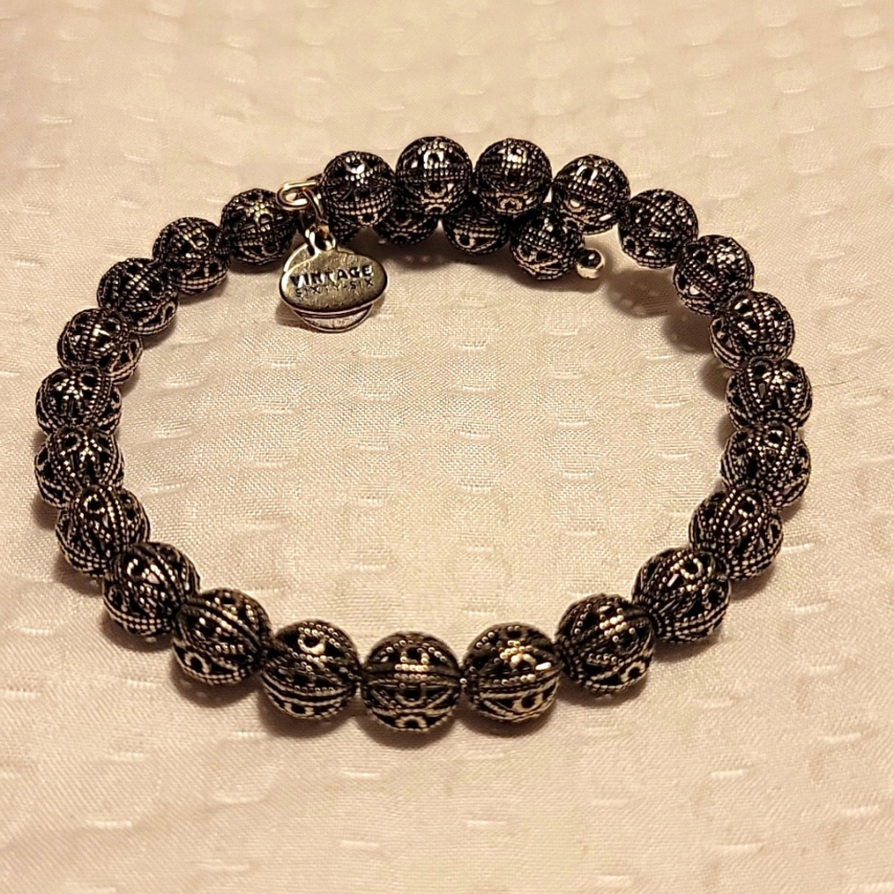 Alex and Ani Filigree Bracelet Bangle Gunmetal Silver Balls Vintage 66 Wrap